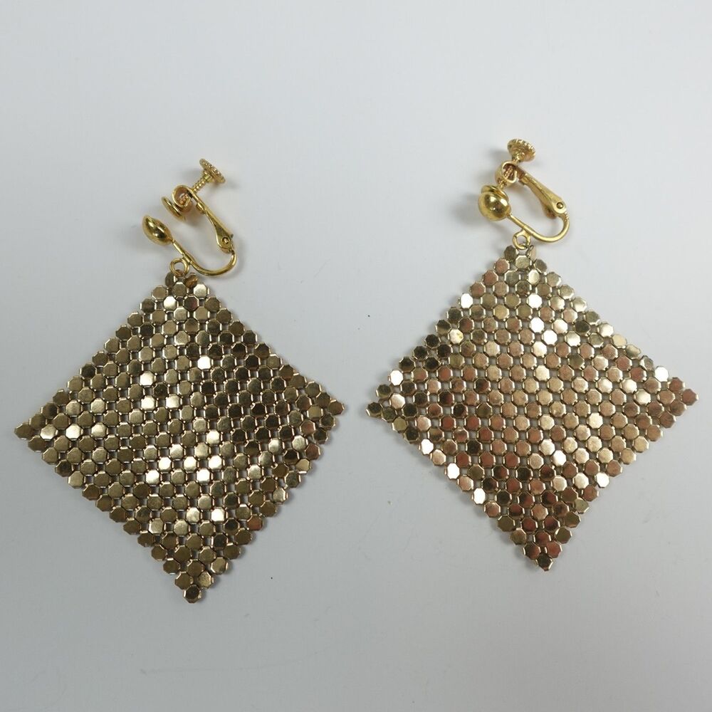 Vintage Gold Tone Mesh Diamond Shape Screw Back Clip On Earrings Fashion Jewelry